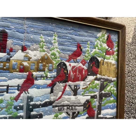 Framed Vtg Crewel Embroidery COUNTRY FARMHOUSE WINTER Red Cardinals Bird Mailbox - Picture 8 of 9